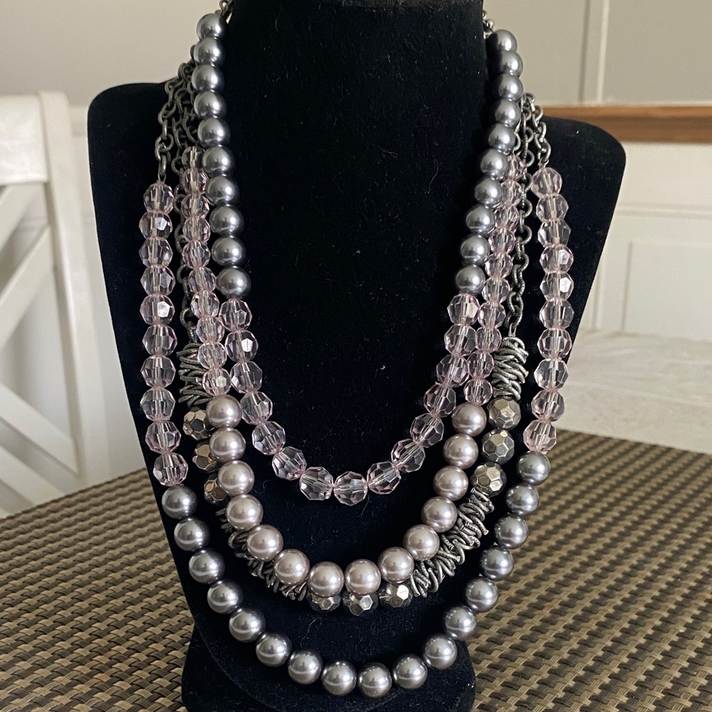 LOFT Multi-Strand Pink Crystal and Silver-Tone Pearl Necklace